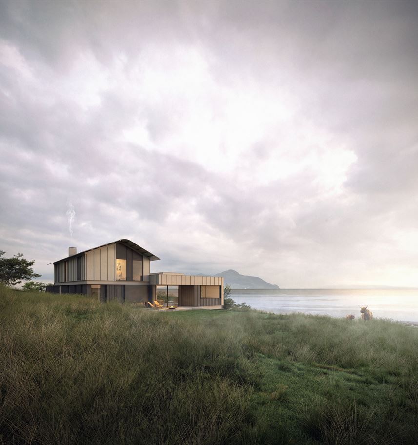 An immersive CGI showing the expected final building design erected in the countryside with a view out to the sea.