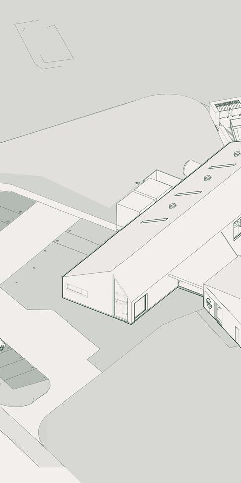 Axonometric drawing showing the proposed site for Isle of Barra distillery, in green duotone.