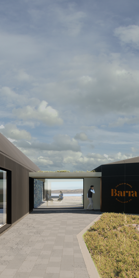 Render image showing the front entrance approach to Isle of Barra Distillery.
