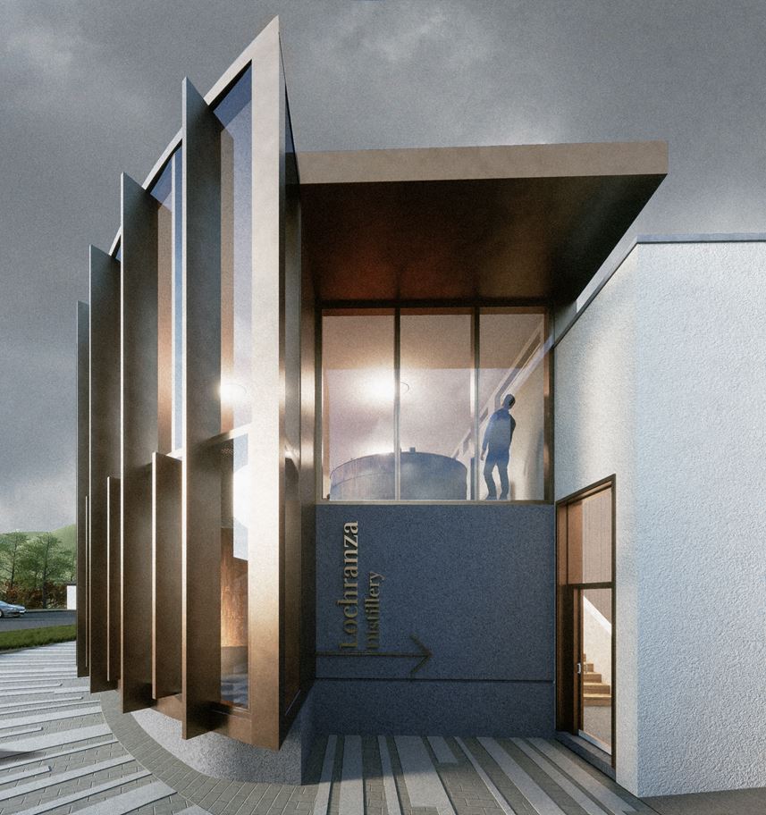 Render image showing the proposed entrance to Lochranza Distillery.