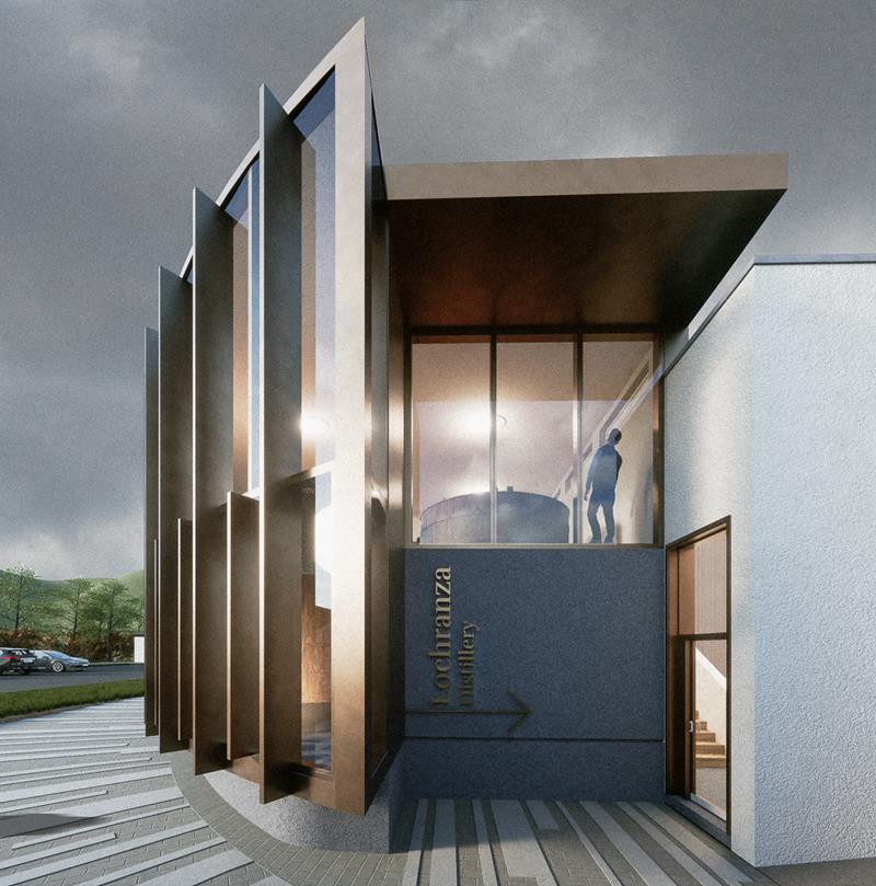 Render image showing the proposed entrance to Lochranza Distillery.