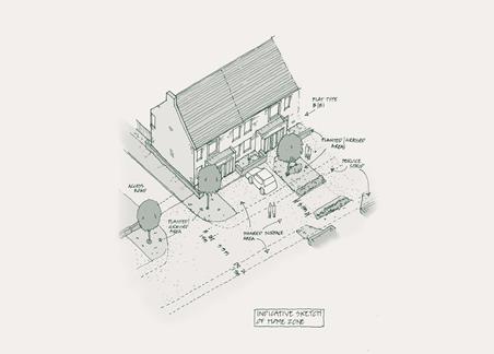 Axonometric drawing of the Main Street development in Cleland, in pale duotone.