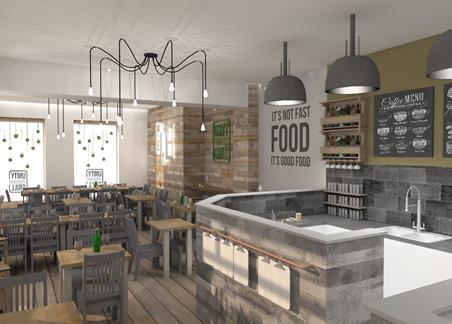 Render image showing the interior of the Unity Grill project.