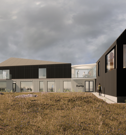 Render image showing the rear view towards Isle of Barra Distillery.