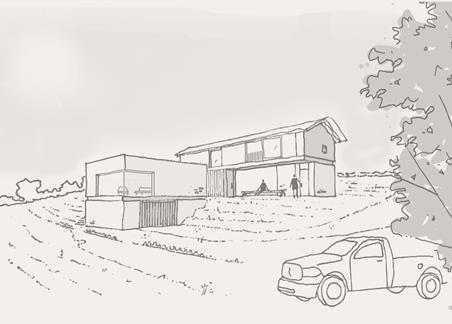 Site drawing showing current landscape and building once project is complete, as estimated, in pale duotone.