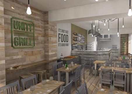 Render image showing the interior of Unity Grill, including the overhead light positioning.