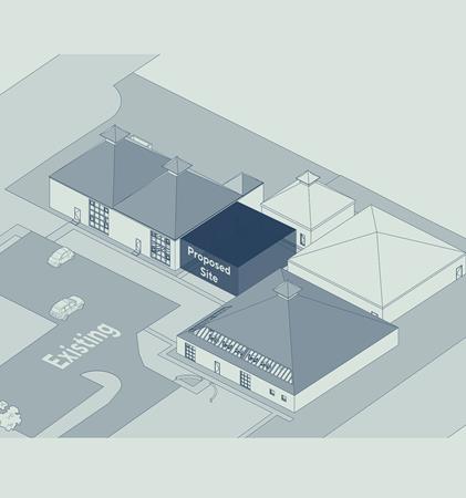 Axonometric drawing of the building design on existing site at Lochranza Distillery, in green duotone.