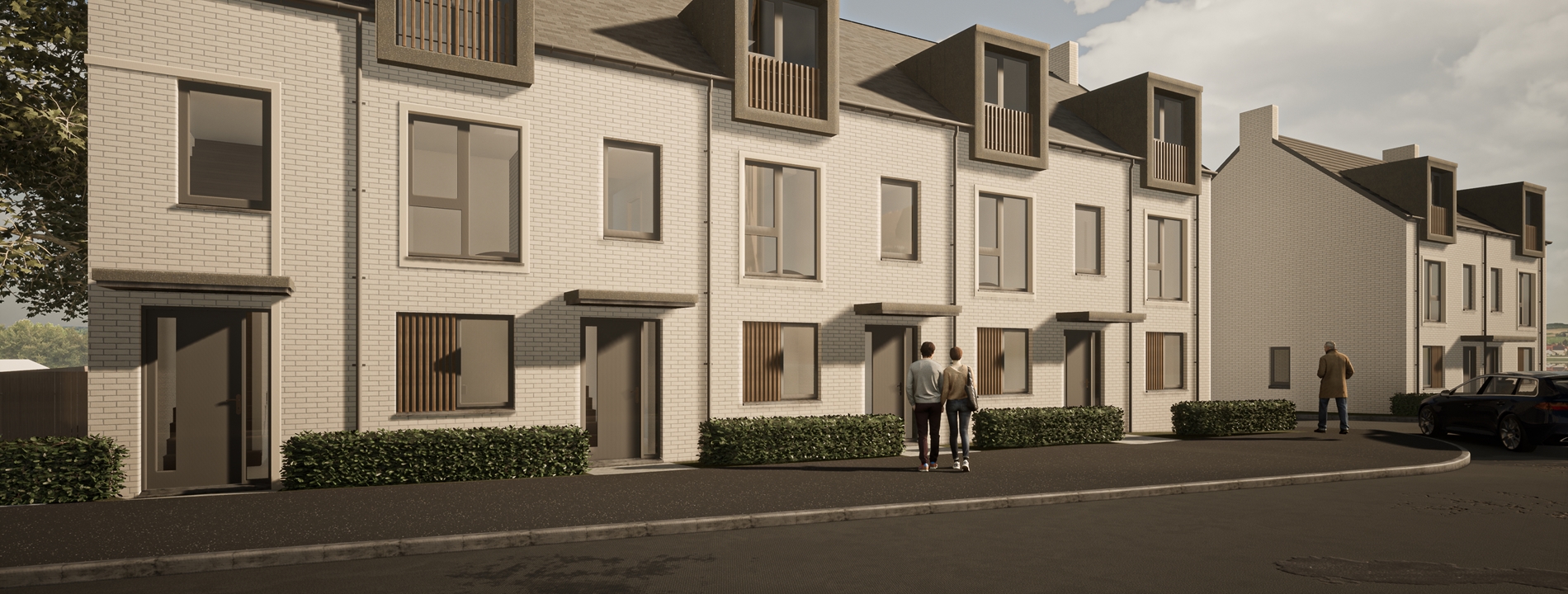 Render image showing a street scene of the Main Street development in Cleland.