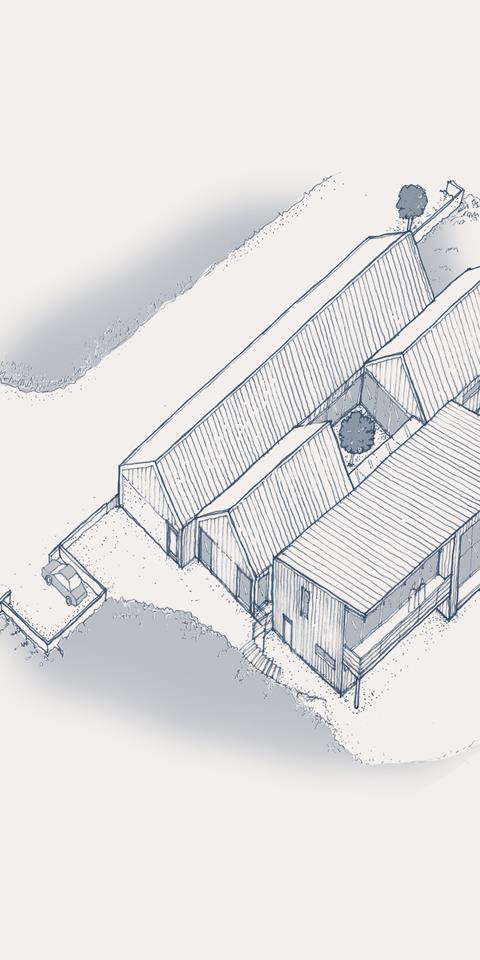 Axonometric sketch of The Courtyard private residential project, in pale duotone.