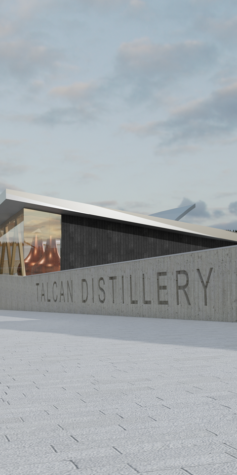 Render image showing the proposed entrance for Speyside Distillery project during the day.