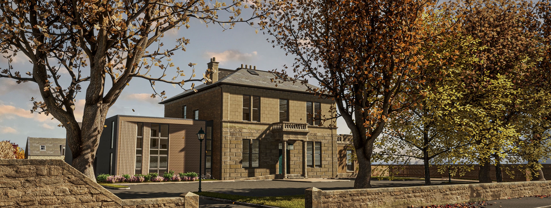 A render image showing Strathdoon House from the road, with autumn trees in the foreground.