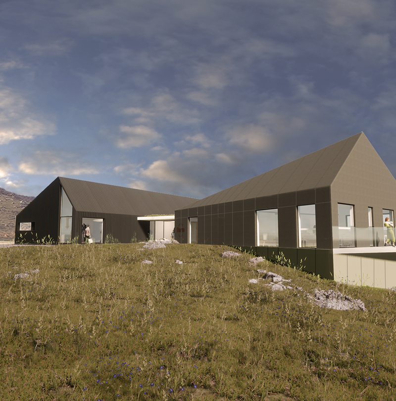 Render image showing the front approach to Isle of Barra Distillery.