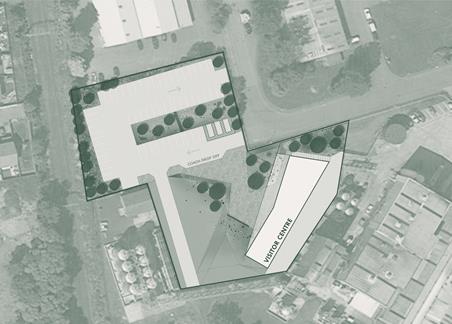Site plan from above showing the proposed distillery in situ, in green duotone.