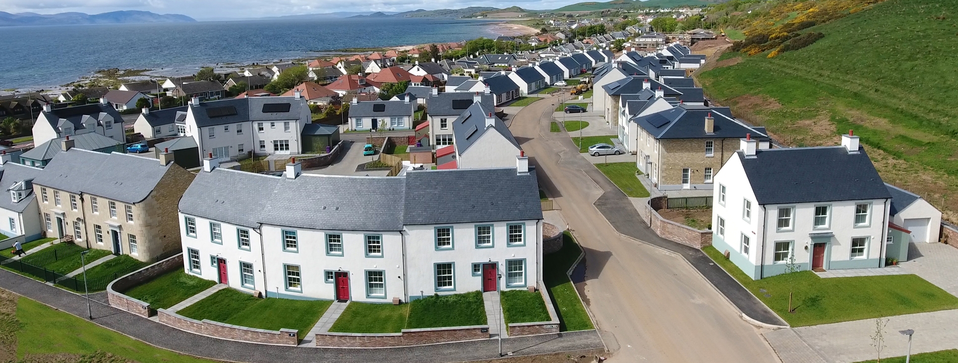 An aerial shot showing the Chapelton development and the sea view beyond.