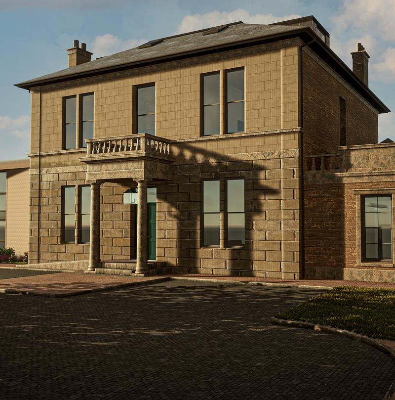 Render image showing the front view of an apartment block at Strathdoon House.