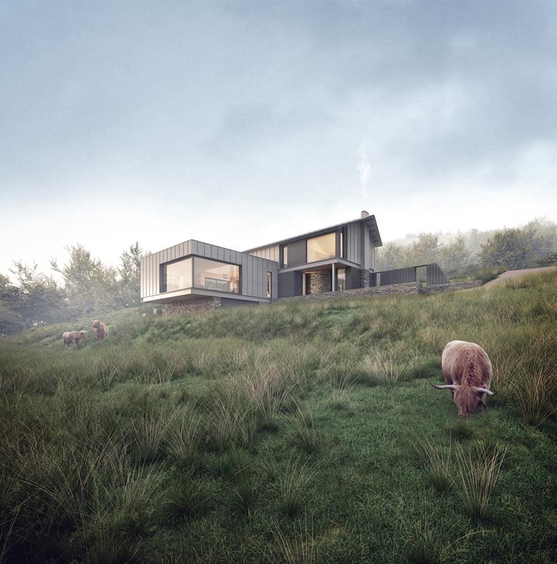 An immersive CGI showing the expected final building design erected in the countryside, with a highland cow grazing nearby.
