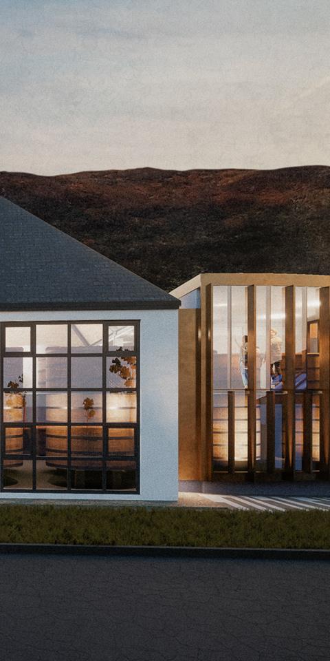 Render image of the front exterior view at Lochranza Distillery.